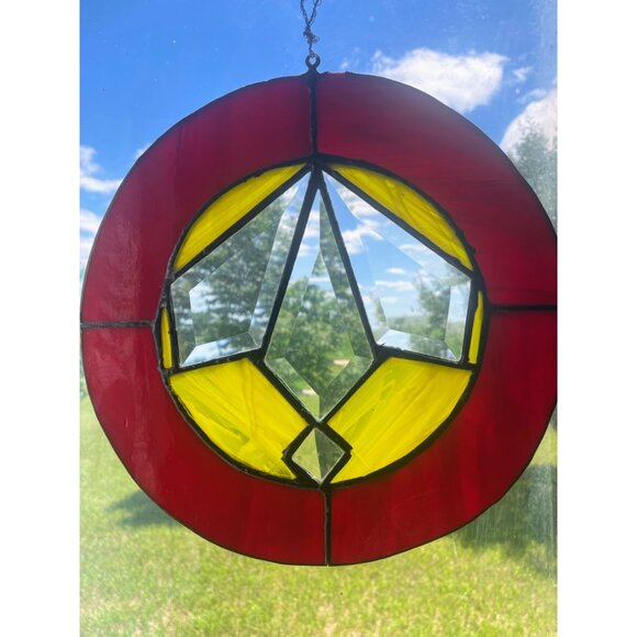 Antique Arts & Crafts Era Round Leaded Beveled Stain Glass Panel Some Damage - Picture 9 of 14